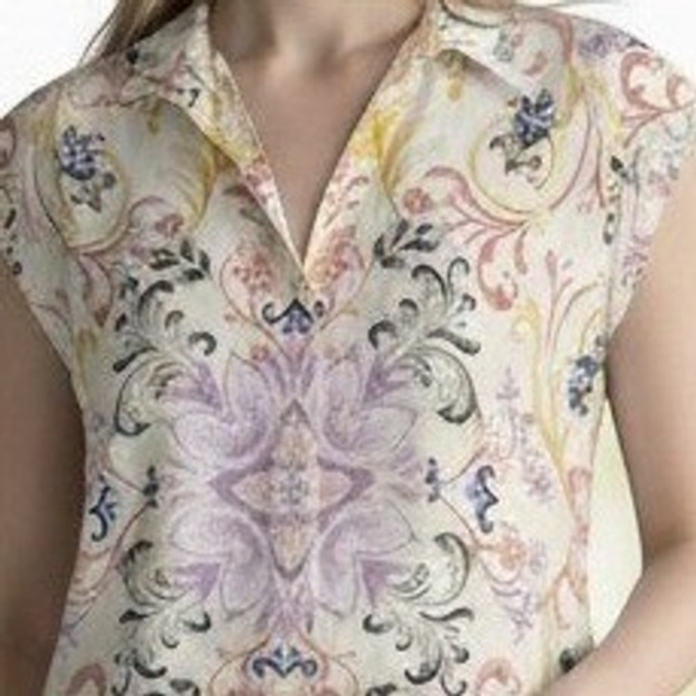Maison d'Amélie Women Large Sleeveless Button Up Blouse‎ Floral Pastel Jacquard